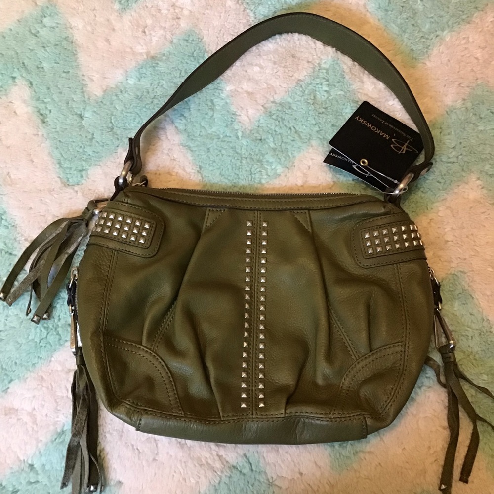 nwt B MAKOWSKY olive green studded leather bag